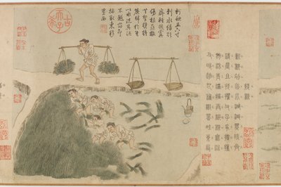 Cultivando arroz, Dinastía Yuan (tinta y color sobre papel) de Cheng Qi